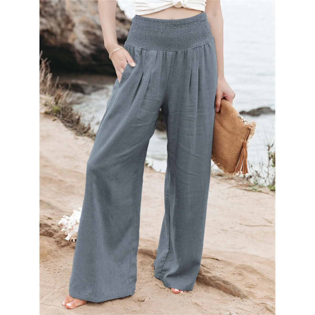

CYL-Women Linen Palazzo Pants Gray XL