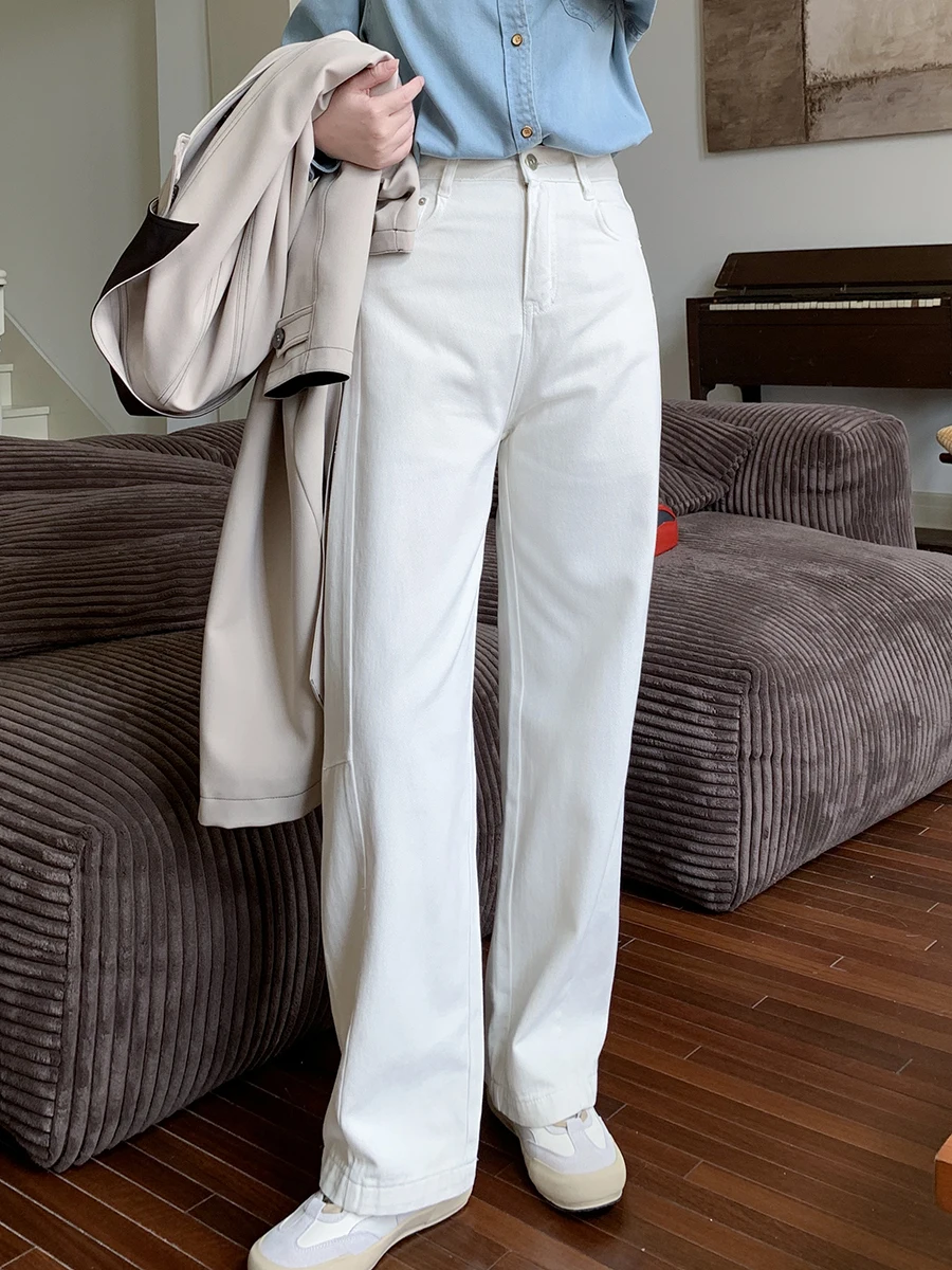 

ELINSU весенне-осенние широкие джинсы с высокой талией и прямым кроем, женские свободные универсальные длинные брюки с эффектом похудения, чистый цвет