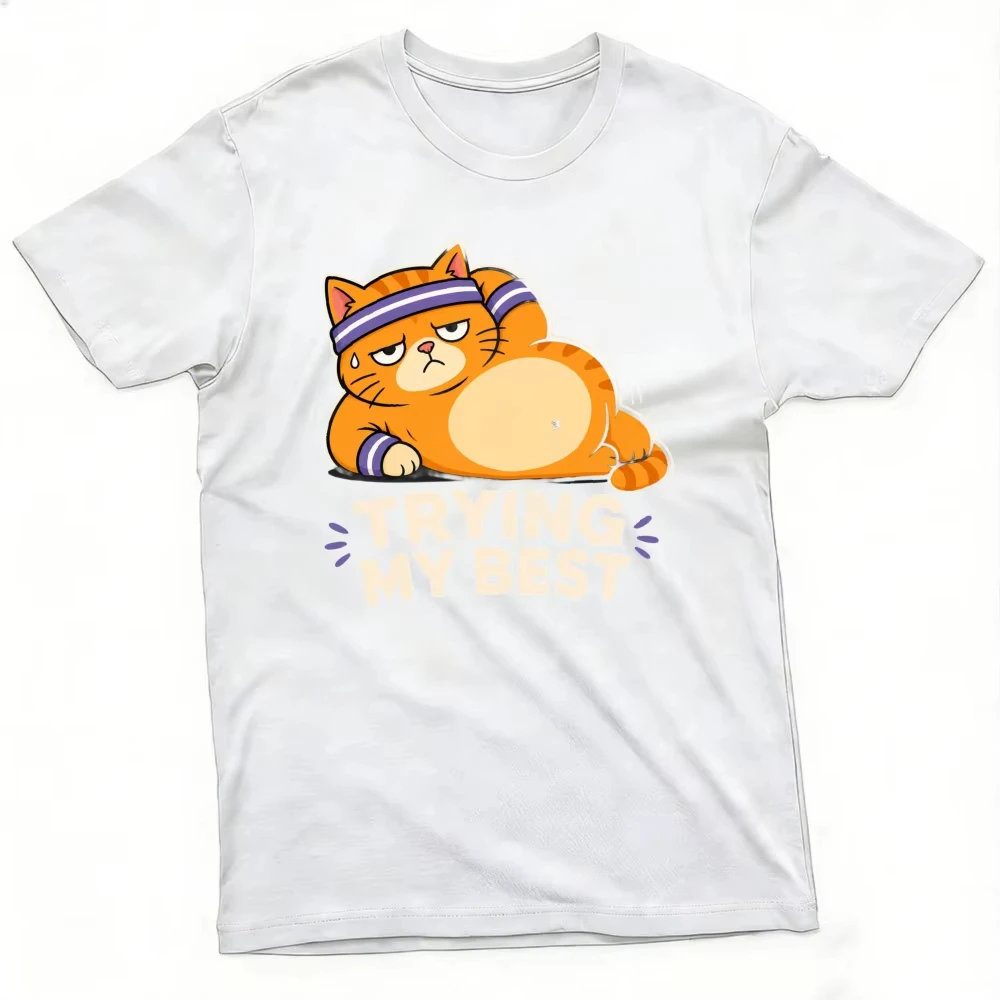 Cute Cat Trying My Best Cartoon Print Summer Casual Fashion Men T-Shirt Cotton Short Sleeve Unisex Top for Everyday Wear Gift