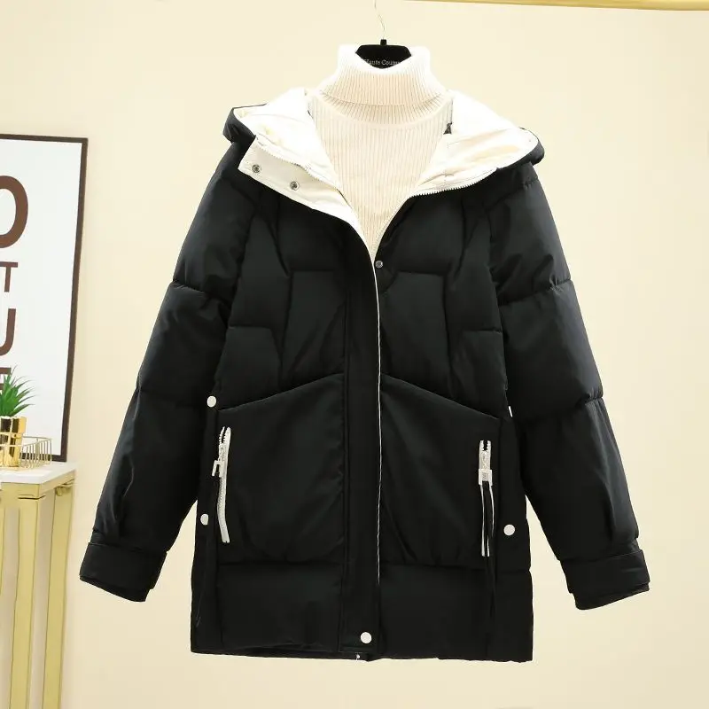 2023 Trendy Winter New Korean Version Loose and Thick Cotton JacketMid Length Hooded Jacket Coat Women  Winter Clothes Women