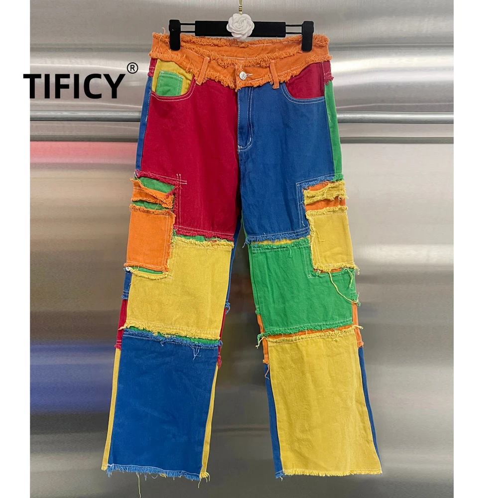 High Street Denim Pants Women's Dazzling Patchwork Contrasting Straight Leg Frayed Edges and High Waisted Jeans Pants
