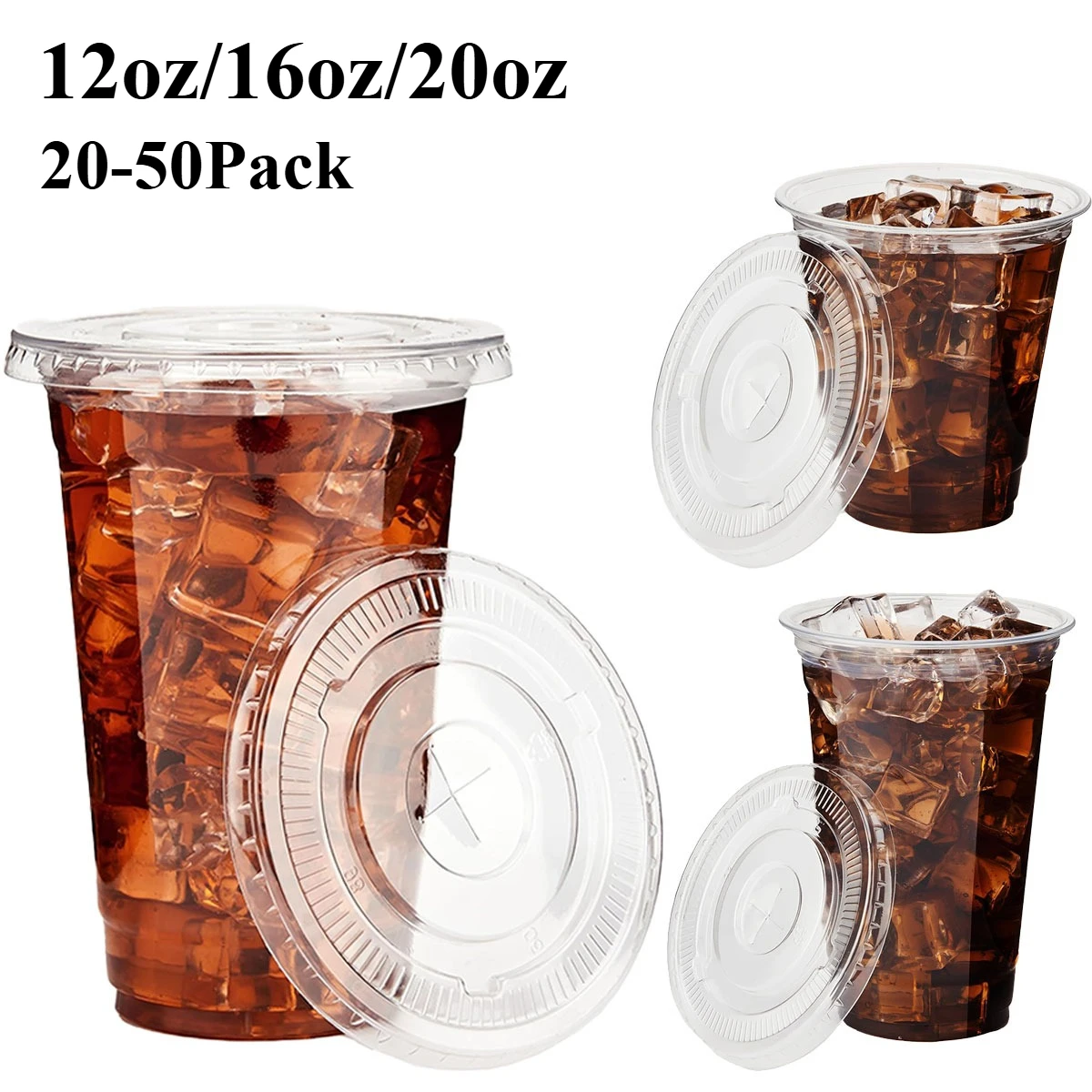 

20-50 упаковок прозрачных пластиковых стаканчиков с крышками, одноразовые чашки для кофе со льдом и плоскими крышками, чашка для смузи для вечеринки, холодных напитков, молочного коктейля
