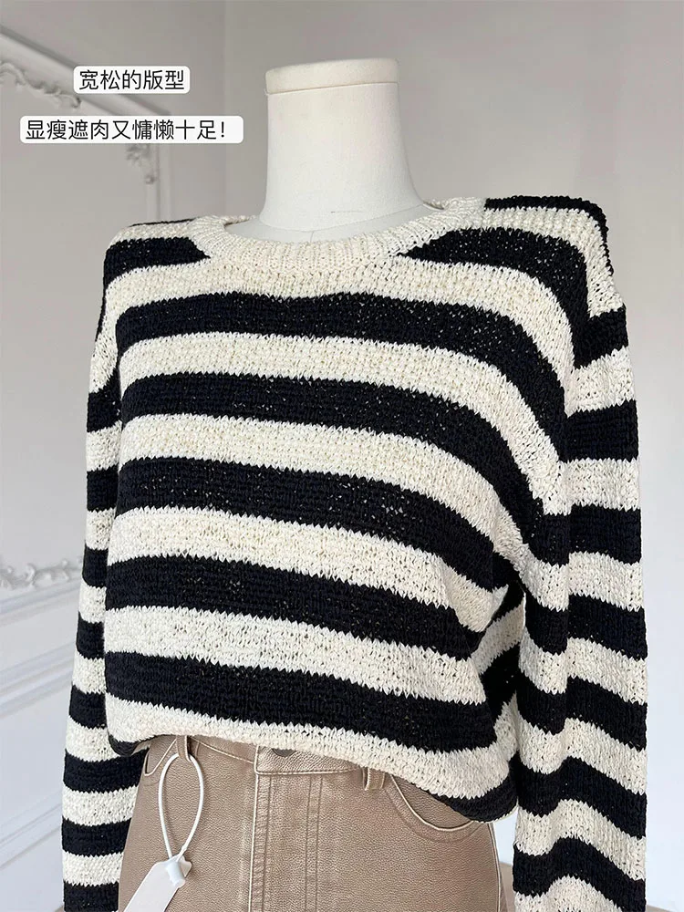 Casual Fashion Simple Striped Sweater Women O-Neck Long Sleeve Loose Pullover Autumn 2024 New Harajuku Design Cozy Knitted Top