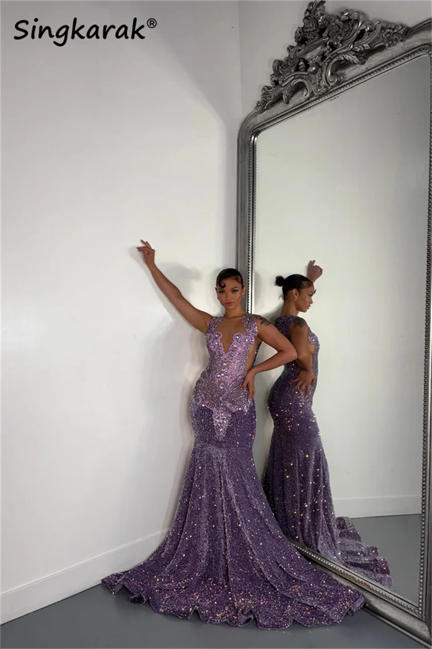 

Elegant Purple Lilac Prom Dress 2025 For Black Girl Beads Crystals Robe Luxury Birthday Party Evening Gown Customized