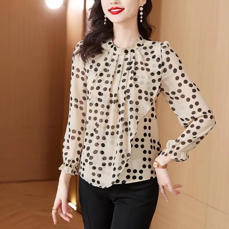 Elegant Commute Polka Dot Printed Chiffon Shirt for Female Autumn Round Neck Long Sleeve Temperament Blouse Women\'s Clothing