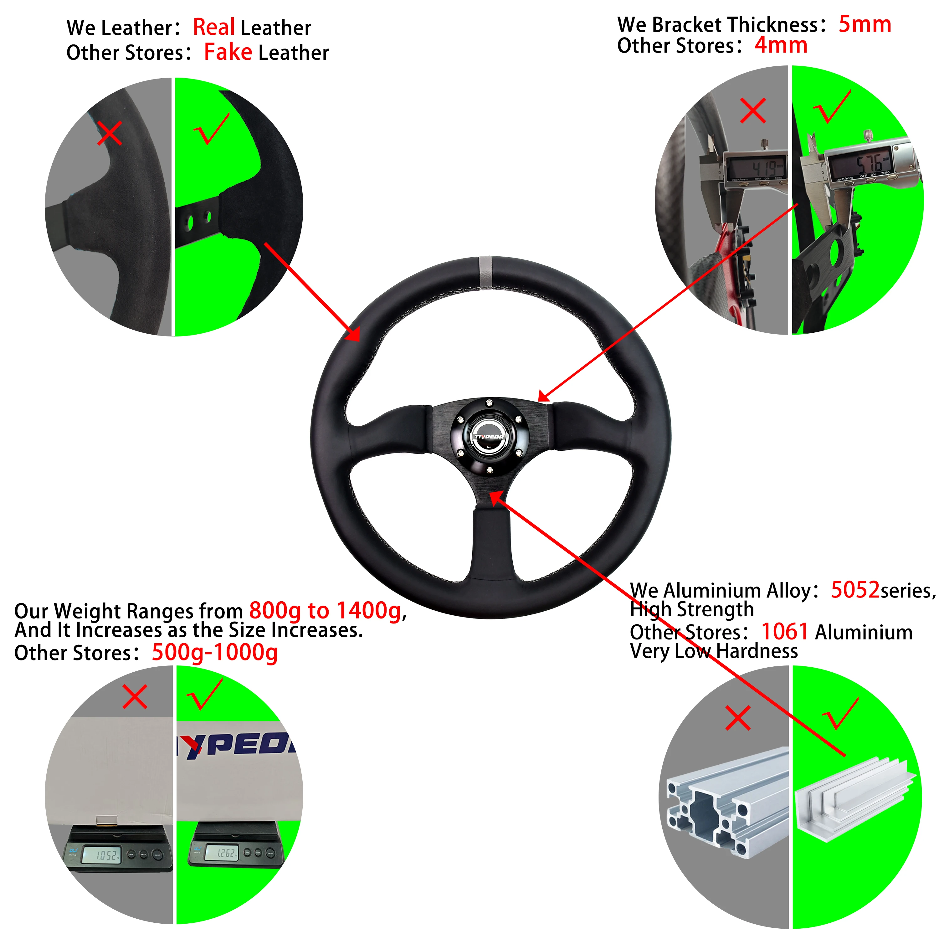 Universal 14inches 350mm Car Sport Real Leather Steering Wheel for Rally Racing Sports 6
