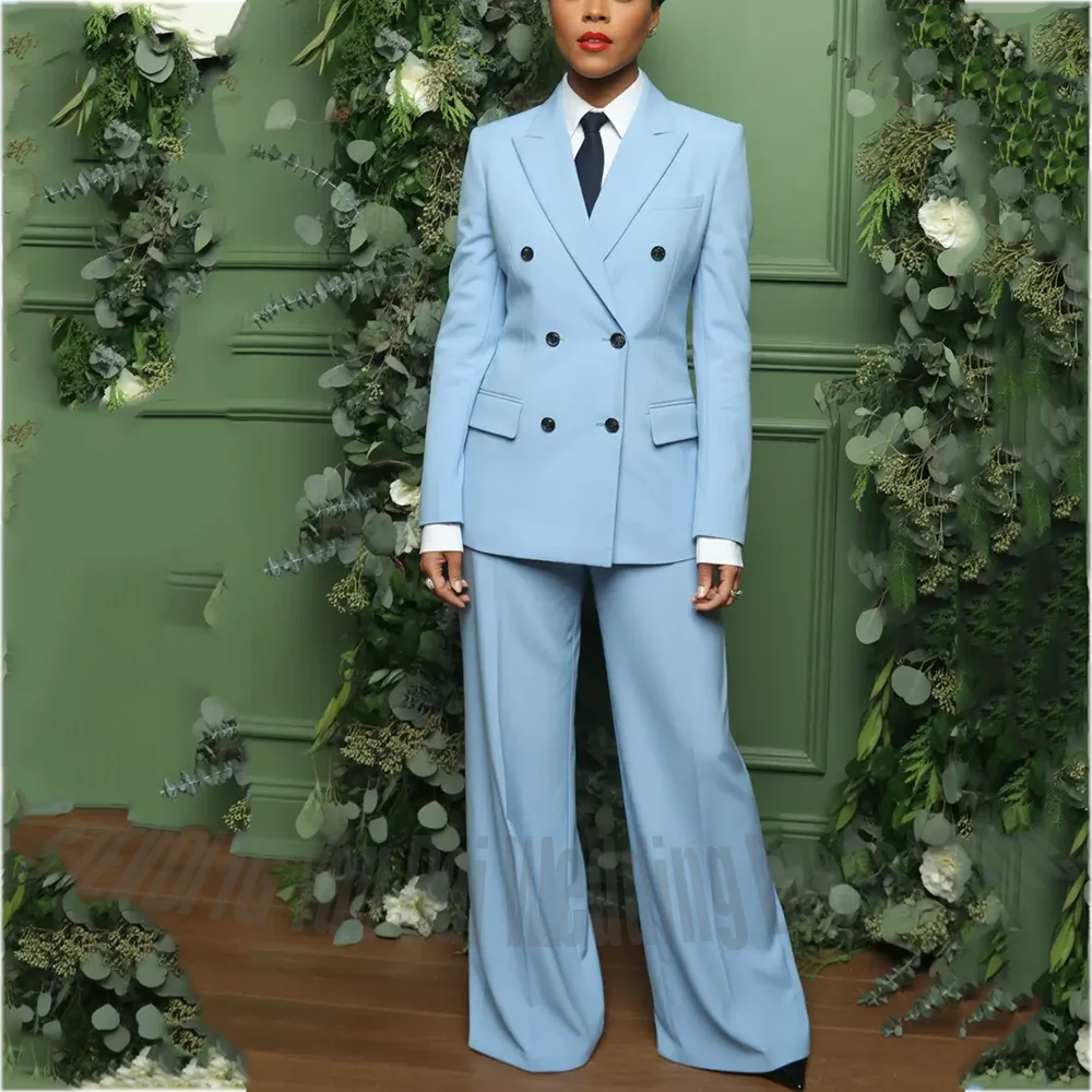 Chic Peaked Lapel Women Suit Modern Regular Fitted Double Breasted Blazer Set Two Pieces Elegant Lady Smart Casual Daily Outfit