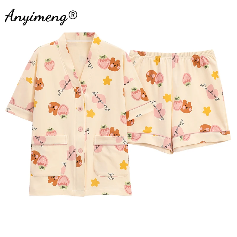 Summer Women Cotton Pajamas Set Kimono V-neck Casual Sleepwear Leisure Loungewear Cute Cartoon Girls Pijama Plus Size Homewear