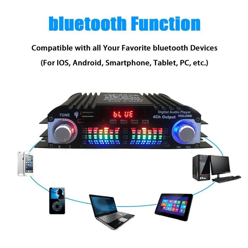 Car Home Amplifier 4 Channels Hifi Stereo Audio Car Speakers Booster Powered Subwoofer Amplificador Bluetooth support FM U Disk