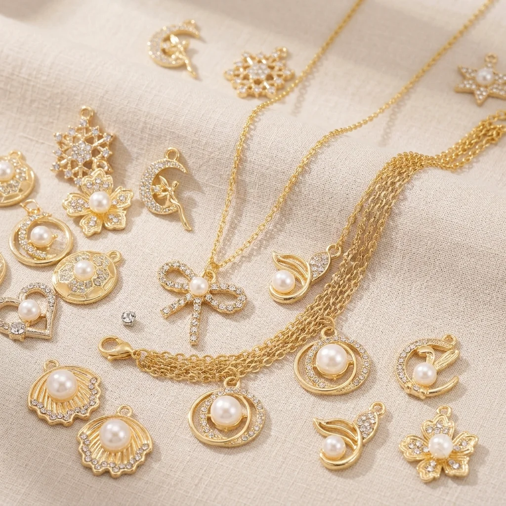 15Pcs Luxurious pearl Heart Shell Fish Tail Sunflower Alloy Pendant Charm for Women Necklace Earrings Gift DIY Jewelry Making