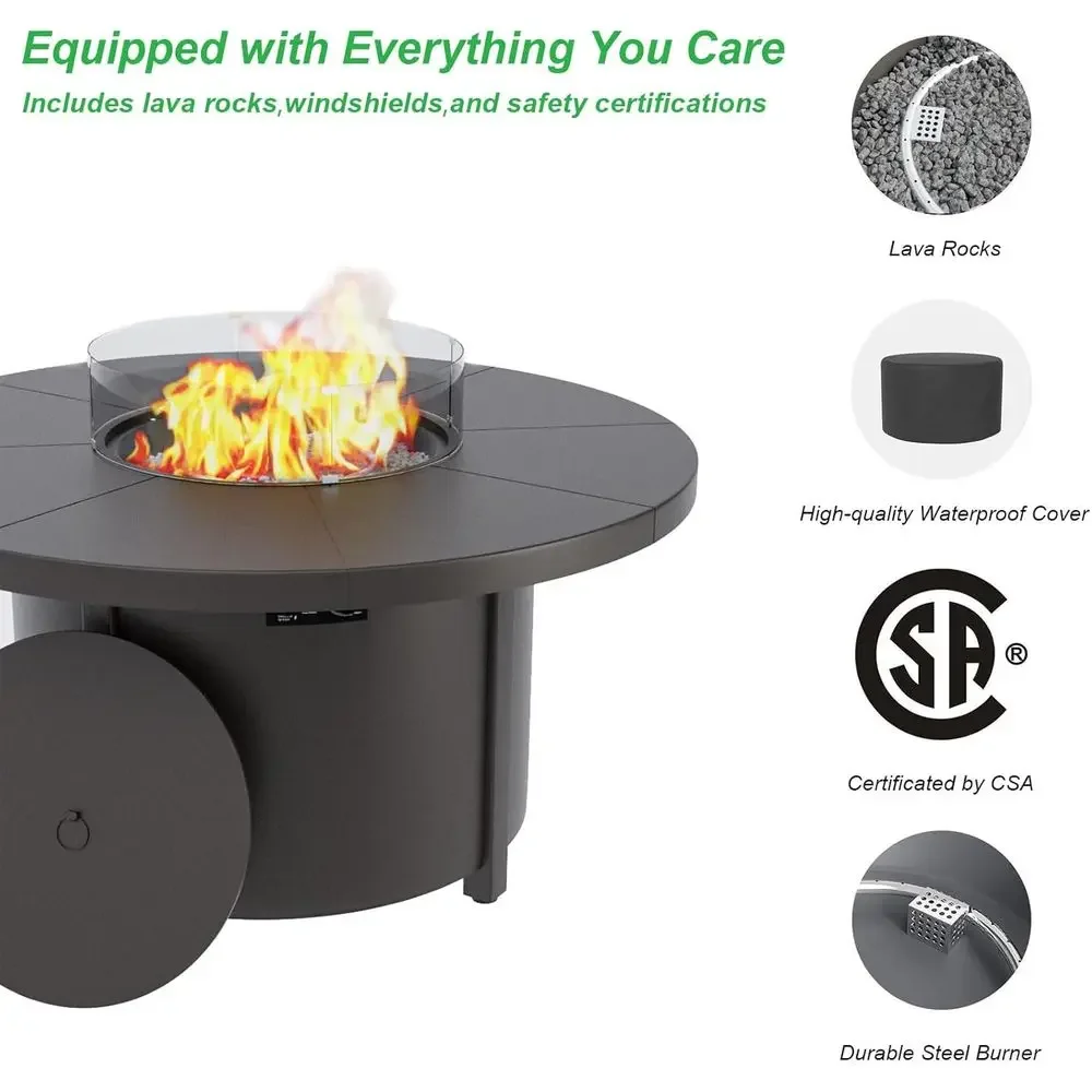 Round 48 Propane Fire Pit with Steel Table, Lava Rocks, Auto-Ignition, CSA Certified, Suitable for Outdoor Patio and Backyard