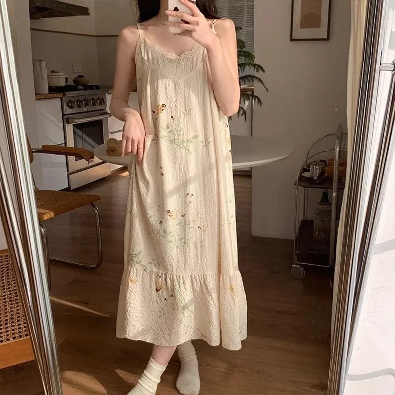

Women Floral Print Nightdress with Built-in Bra Spaghetti Strap Summer Sleepwear