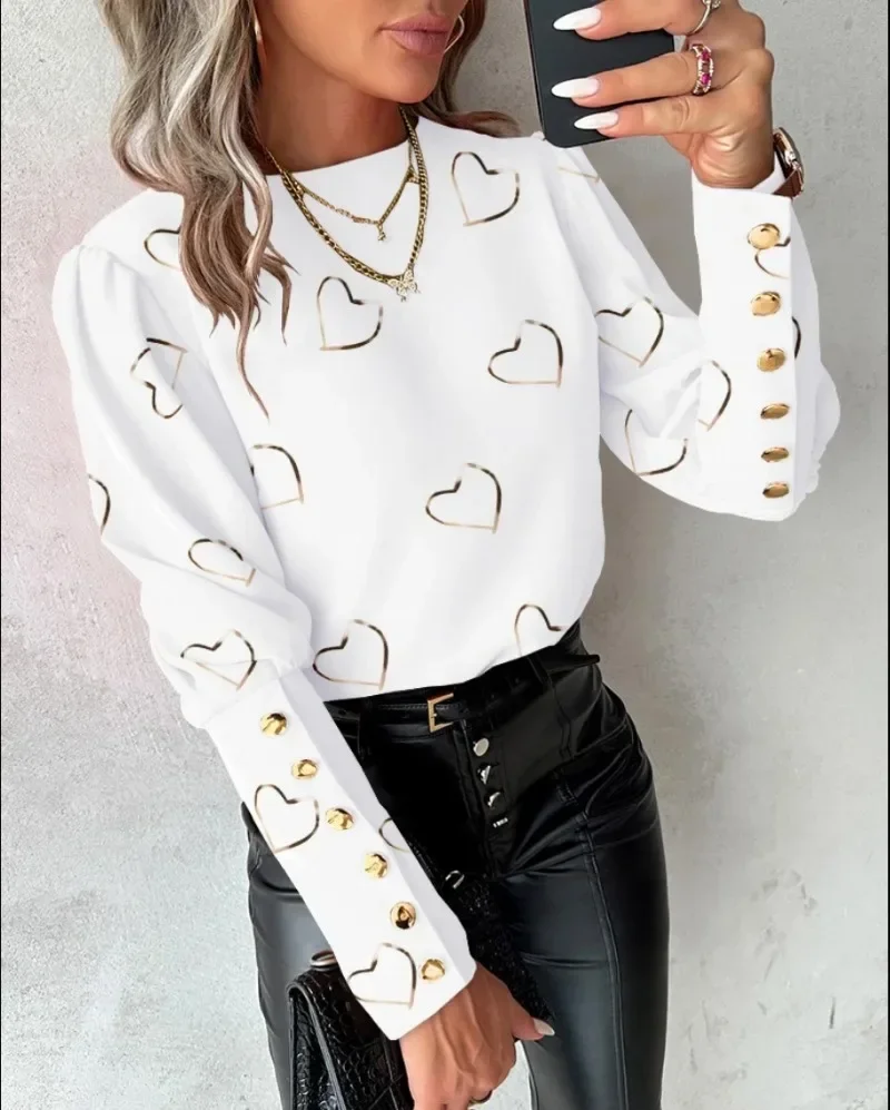 Women\'s Autumn and Winter Fashionable Peach Heart Printed Long Sleeved Top with Round Neck Button Casual Shirt