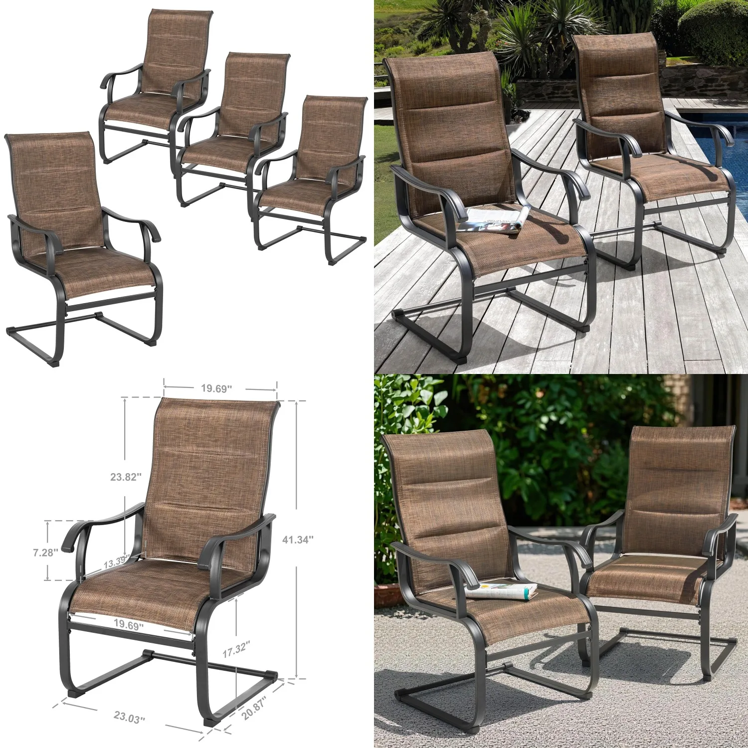 

All Weather Padded Textilene Patio Dining Chairs Set of 4 High Back Spring Motion for Backyard Lawn Deck, Customized