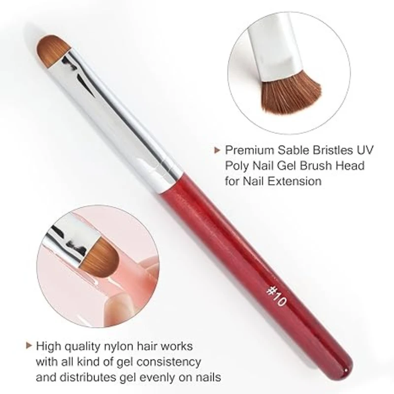 French Nail Brush Red Wood Handle Acrylic Drawing Rhinestone Gel Painting Manicure Tool Size 8-16