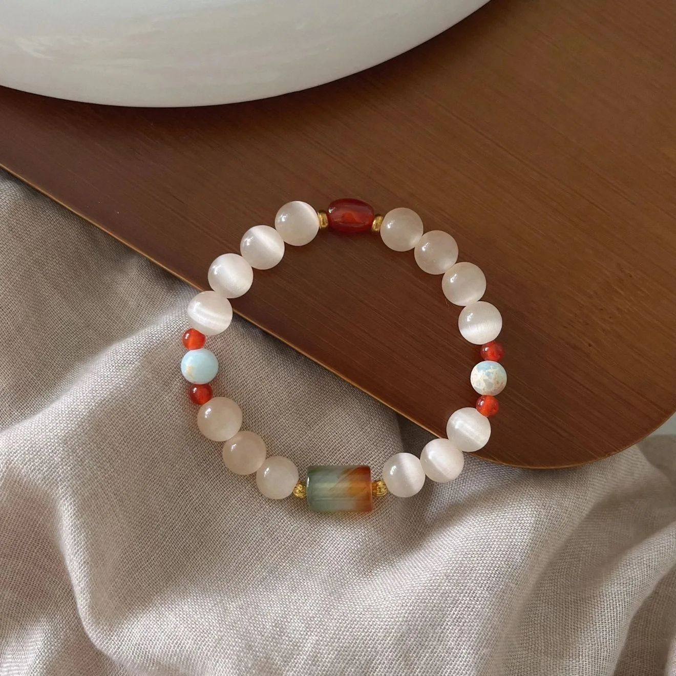 

New Chinese Ice Transparent Cat's Eye Stone Peacock Agate Beaded Womens Sweet Unique Retro Stackable Jewelry Gift