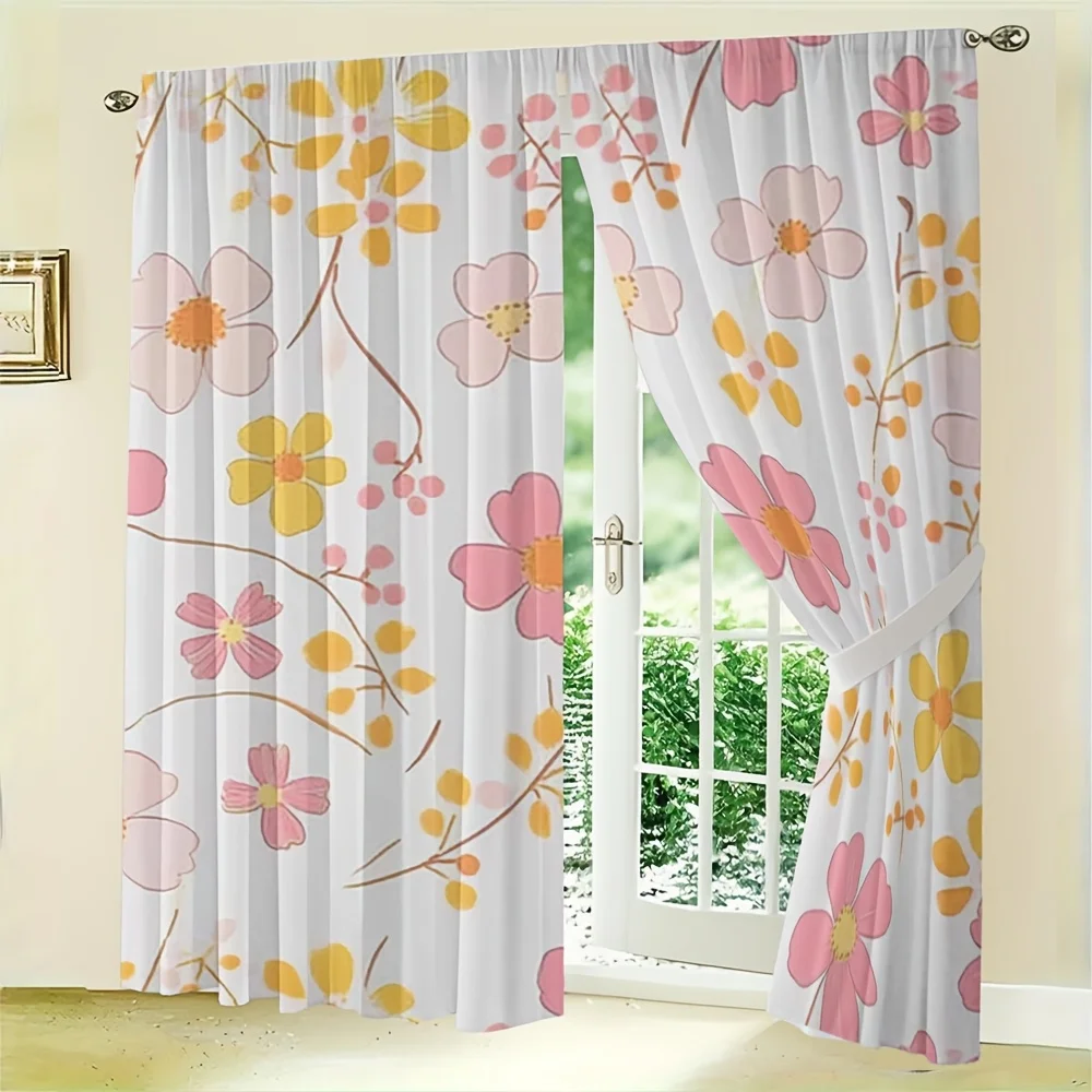 2pcs Cheerful Retro Floral Curtains No Rod — Sunlit Pink Peach Blooms on White, Instant Spring Vibes for Any Room