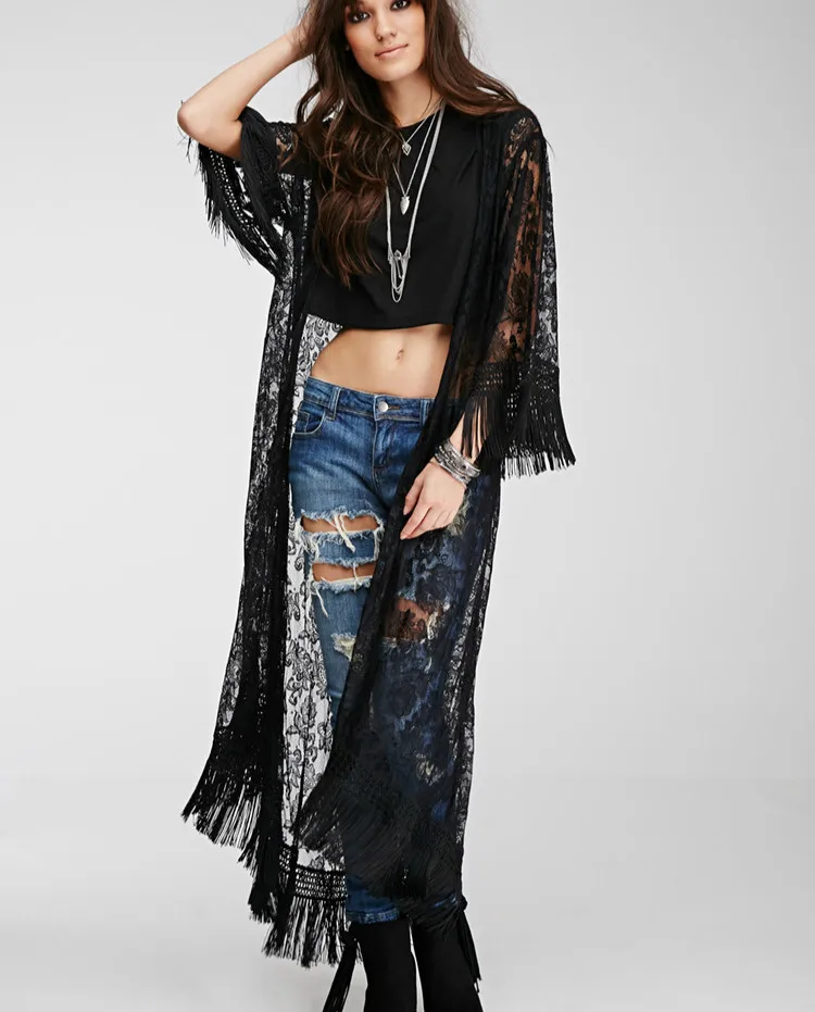 summer beach tassels maxi kimonos women hollow out lace maxi black lace kimonos lady maxi lace shirts tops