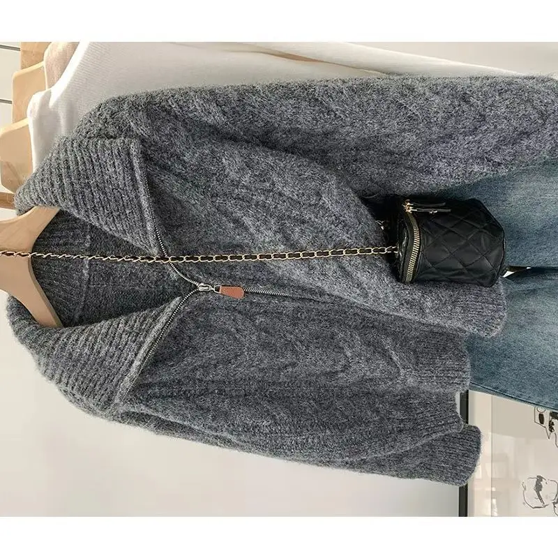 

Толстый женский темпераментный модный свитер с лацканами, пальто на молнии, женский вязаный кардиган на молнии, теплое пальто, осеннее и зимнее пальто