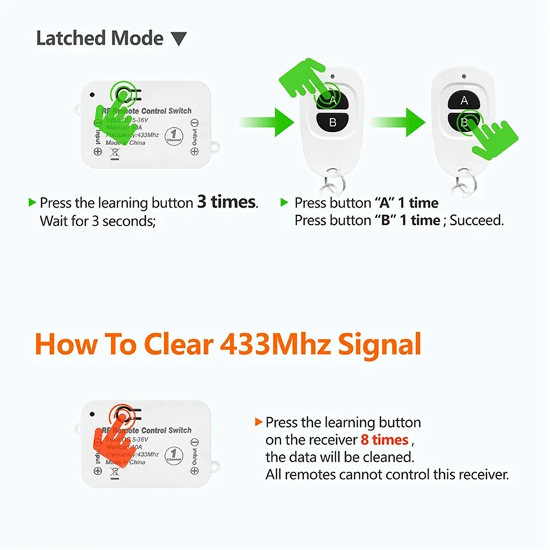 A52T 2X 433Mhz Wireless Remote Control Switch 10A DC 6V 12V 24V 30V 36V Mini RF Relay Receiver Transmitter