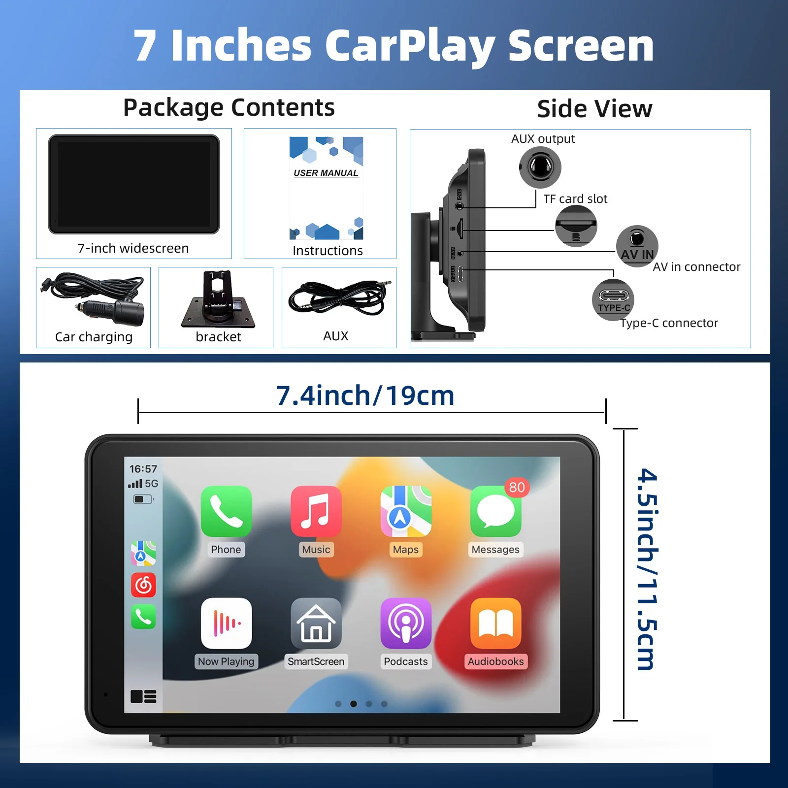 Portable Apple Carplay/Android Auto Screen for Car, 7 Inch Touch Screen Wireless Car Play Multimedia Player with Voice Control,