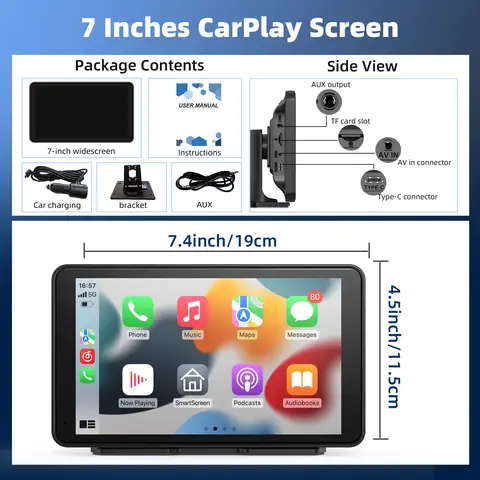 Schermo CarPlay wireless per auto, touchscreen stereo portatile HD da 7" con Apple CarPlay e Android Auto, schermo CarPlay con backup