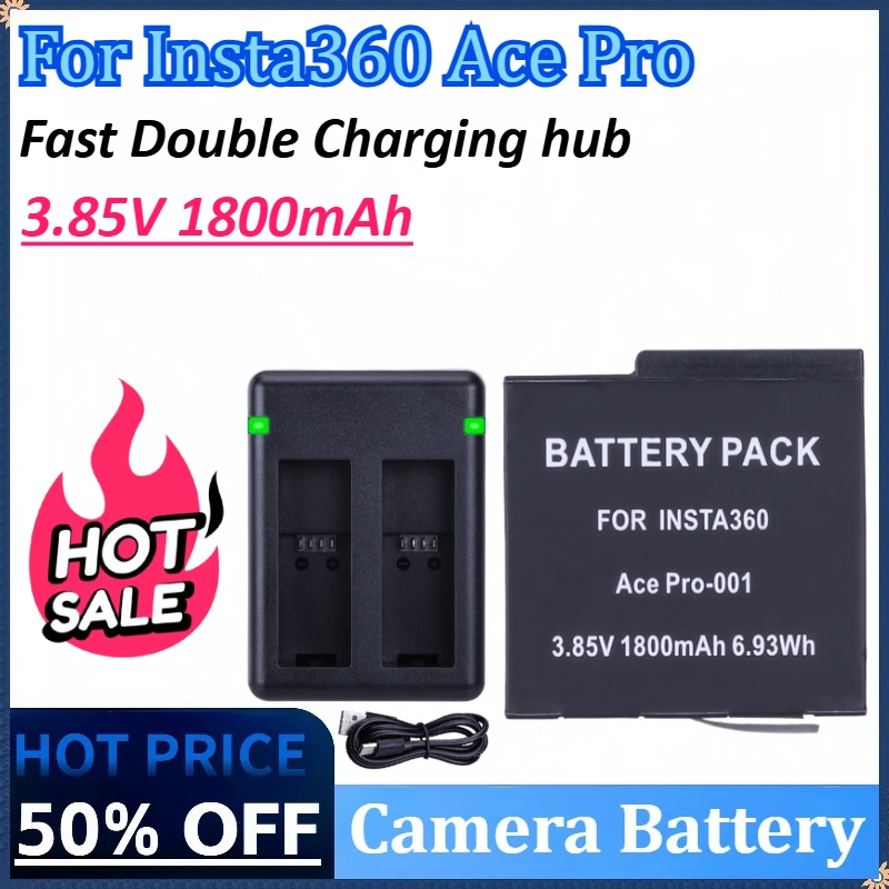 

New 3.85V 1800mAh 6.93Wh Camera Battery for Insta360 Ace Pro Battery+ Fast Double Charging hub Rechargeable Battery Accessories