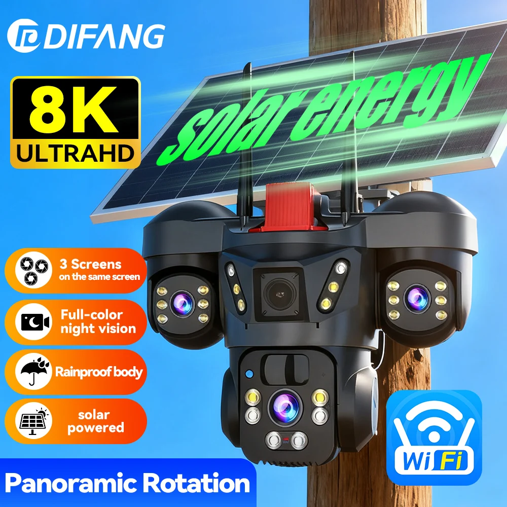 

V380 8K 15MP Wireless WiFi Solar Camera Three Lens Three Screen Auto Tracking Smart Night Vision Outdoor Solar Surveillance V380