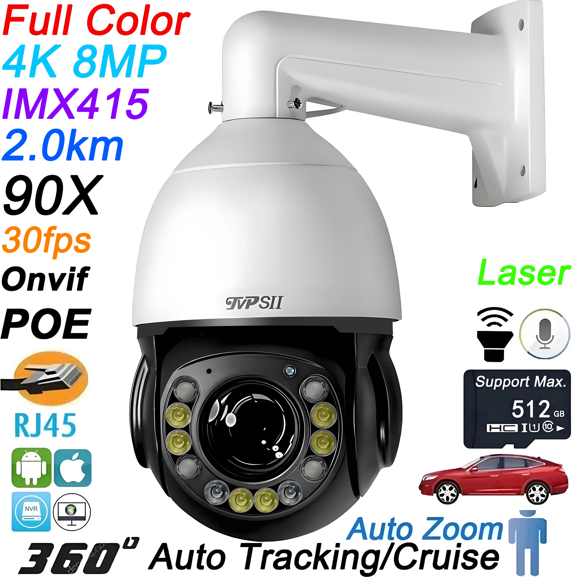 

Metal Laser Infrared Full Color Auto Tracking 8MP 4K 90X Optical Zoom 360° Audio ONVIF POE PTZ IP Surveillance Speed Dome Camera