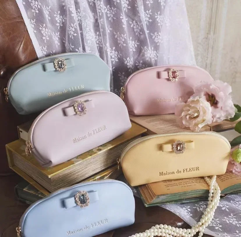 Japanese Mine Style Jewelry Box Strawberry Bow Decorative Card Holder Women Students Cute Rhienstone Pencil Bag Cosmetic Bags