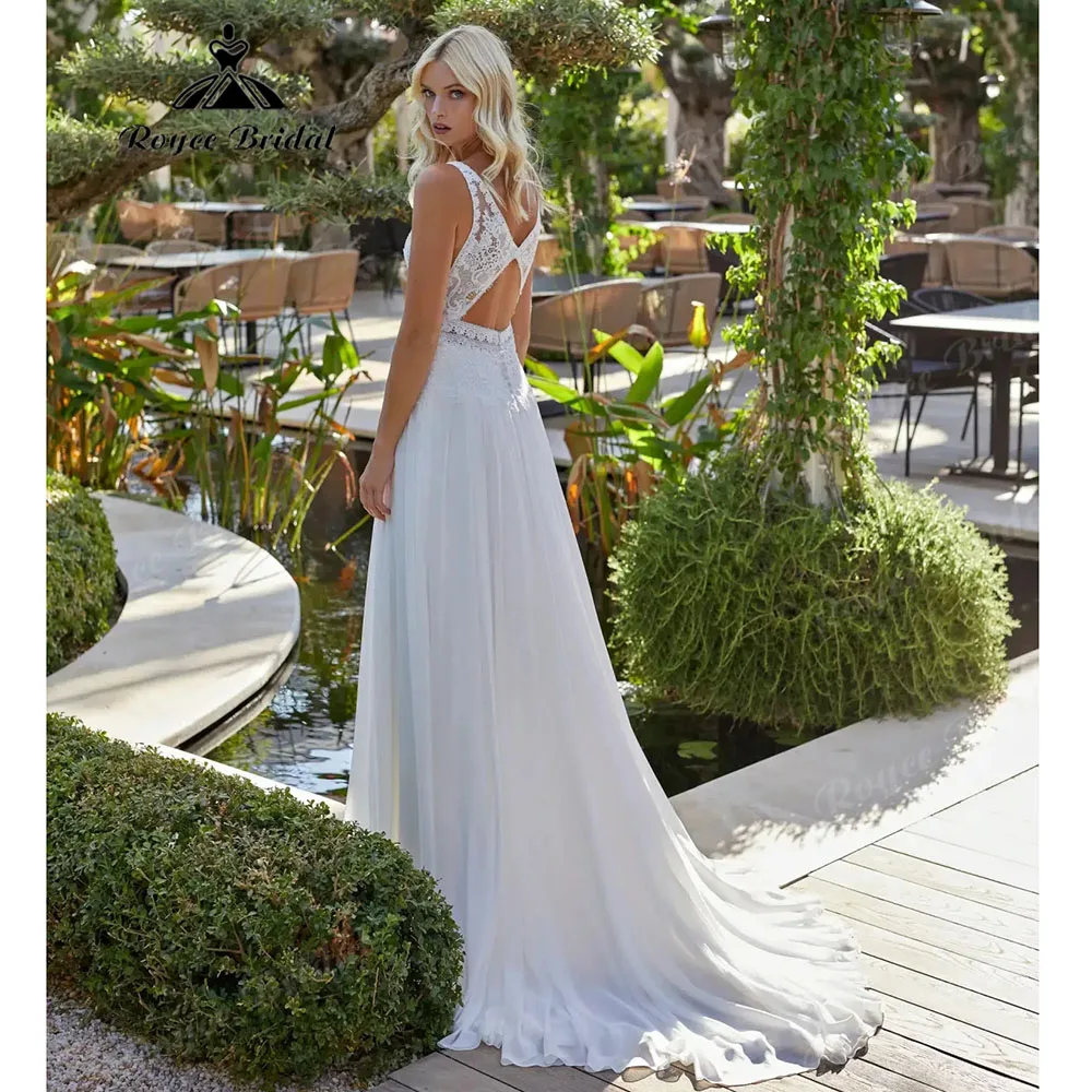 Deep V Lace Bodice Chiffon A Line Wedding Dress Cutout Open Back Court Train Sleeveless Flowy Bridal Gown For Garden Customized
