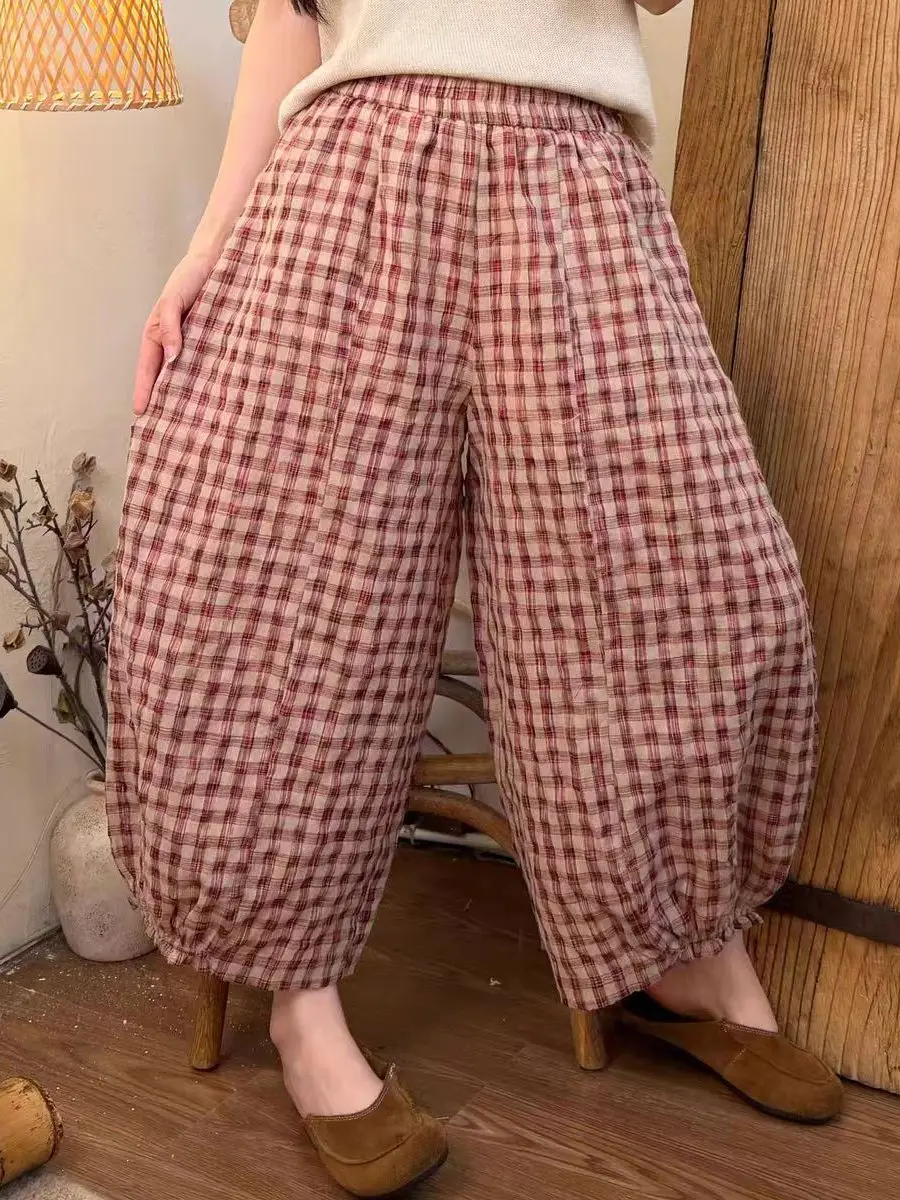 

2026 Summer New Artistic Style Bubble Cotton Plaid Casual Pants Soft Elastic Waist Lantern Pants Ladies Casual Wear