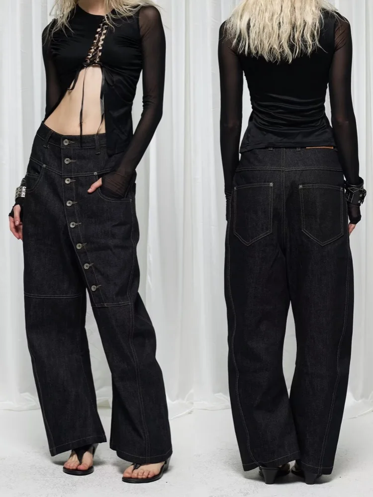 2026 Ropa Y2K Streetwear Button Design Black Patchwork Baggy Harem Jeans Pants For Women Clothing Lady Trousers Pantalon Femme