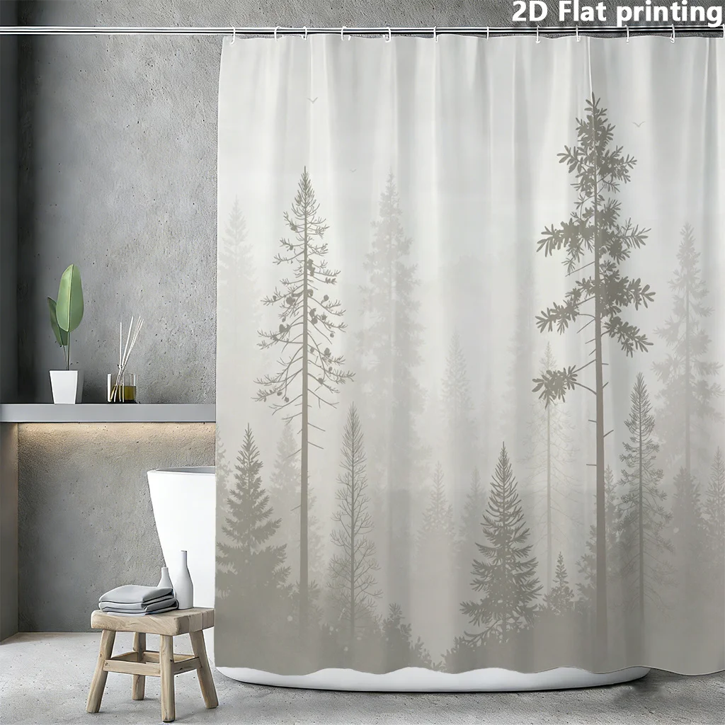 2D Flat, 2D Flat, 1qc 2D Flat Printing Shower Curtain | Forest Silhouette in Mist Grey Style, Polyester, 100-120 g/㎡, Includes G