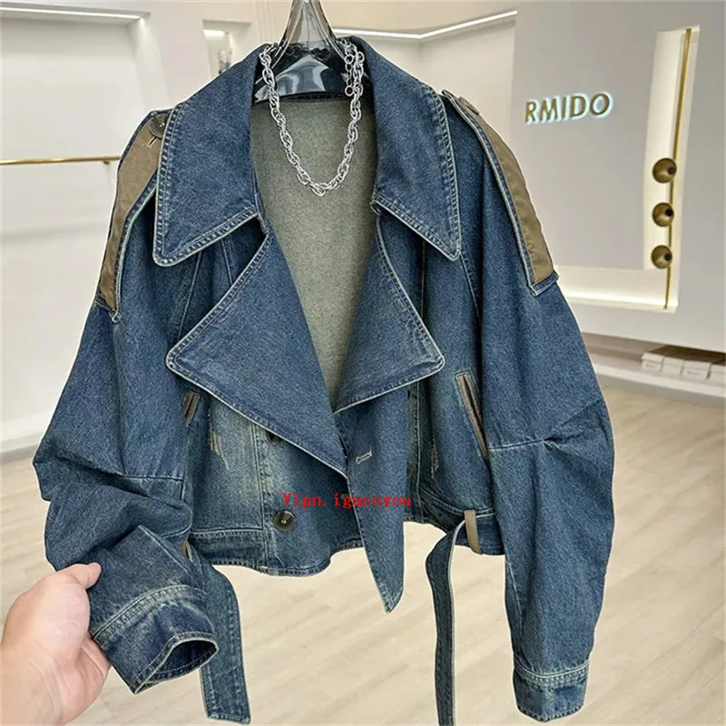 Spring Autumn Vintage Short Denim Jacket Women 2024 New Patchwork Leather PU Jeans Coat Fashion Loose Outwear Streetwear B286