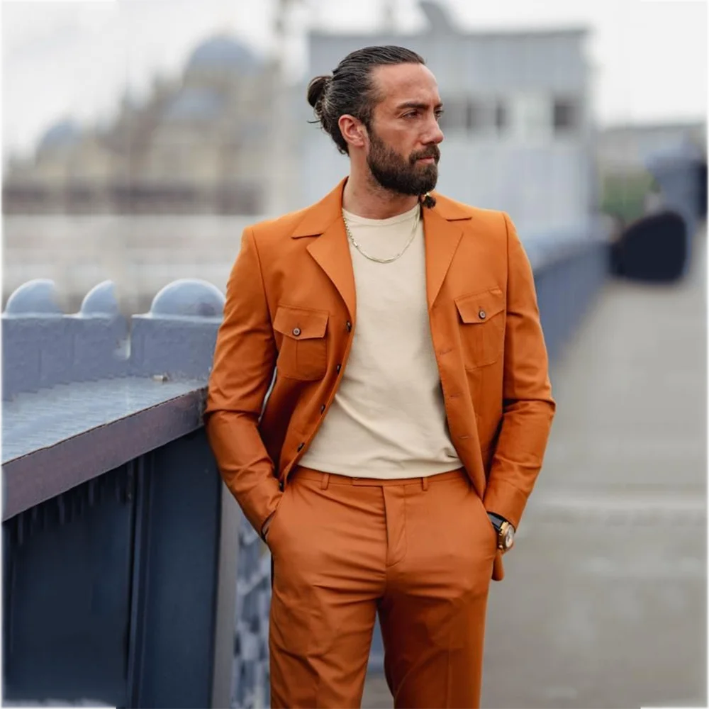 Men Safari Suit 2 Piece Set Orange Solid Color Multi Pocket Blazer Pants Slim Fit Casual Business Wedding Party Prom Male