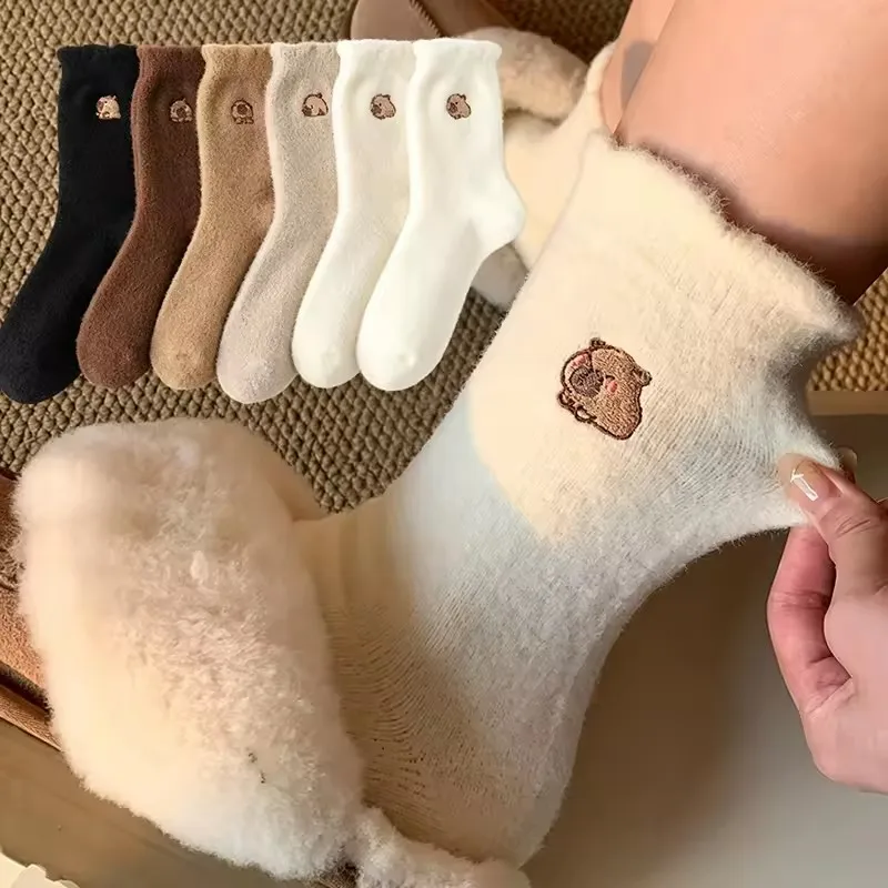 1-5pairs Cozy Hairy Mink Velvet Socks Women Autumn Winter Capybara Pattern Hosiery Thicken Warm Sleep Floor Home Kawaii Sock