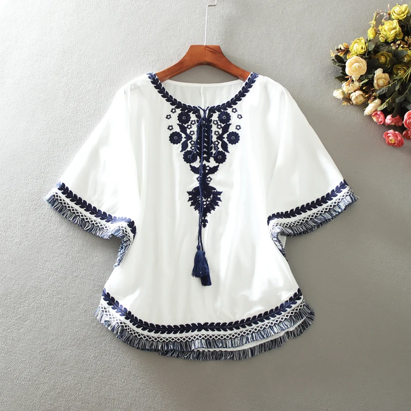 

Ethnic Style Embroidered Loose Blouses Women Summer Fashion Lace-up O-neck Shirt Female Cape Style Sun Protection Top