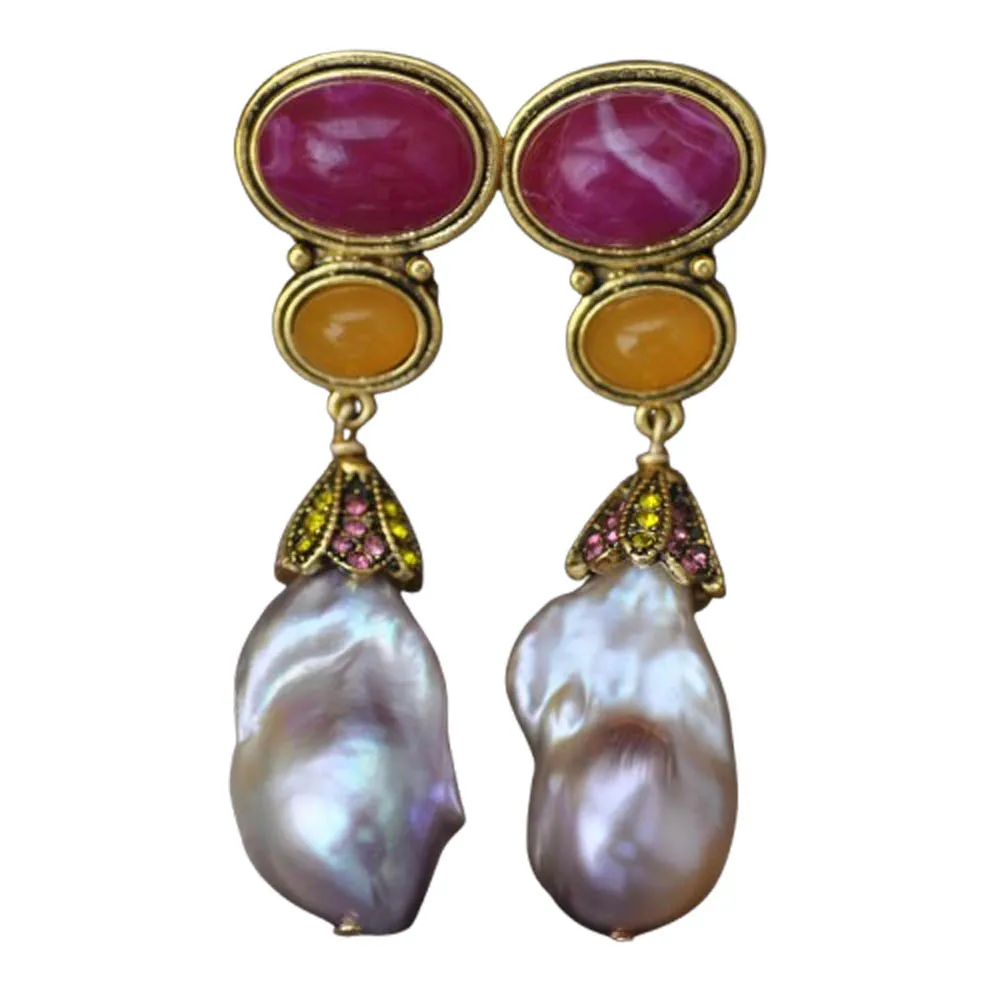 MTC·STAR Lavender Baroque Reborn Keshi Pearl Red Yellow Gemstone Dangle Earring CZ Custom Jewelry（Z13969 ）