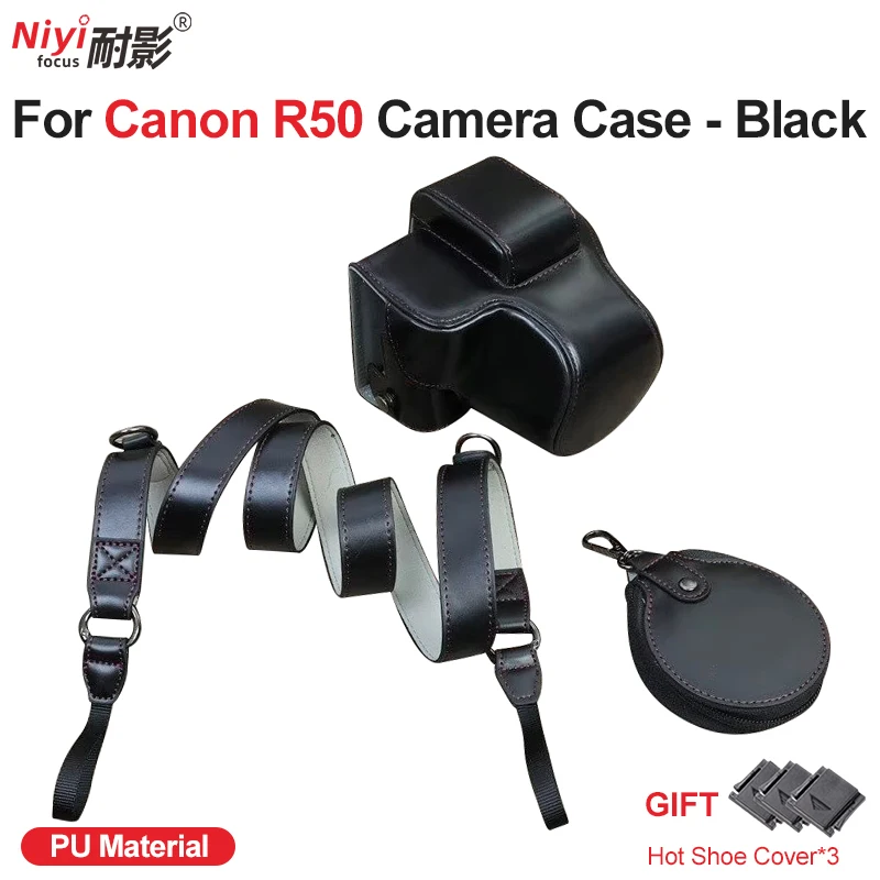 Camera Case For Canon EOS R50 PU Leather Bag Case Protrector Cover With Tripod Screw Buttom Opening Strap Shoulder Battery Bag