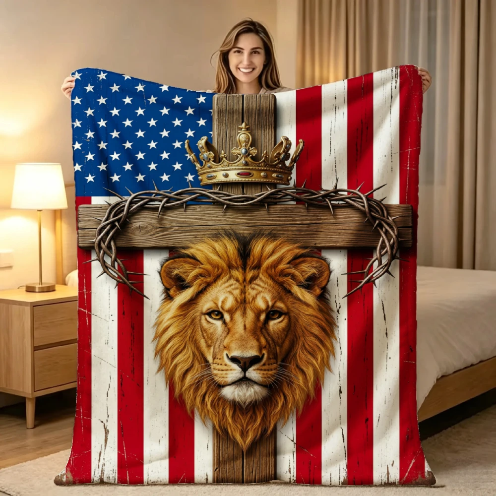 1pc American Flag Lion Crown Cross Print Flannel Blanket Soft Comfortable Warm Bed Cover Autumn Winter Season Living Room Bedroom Halloween Thanksgiving Christmas Festival Gift