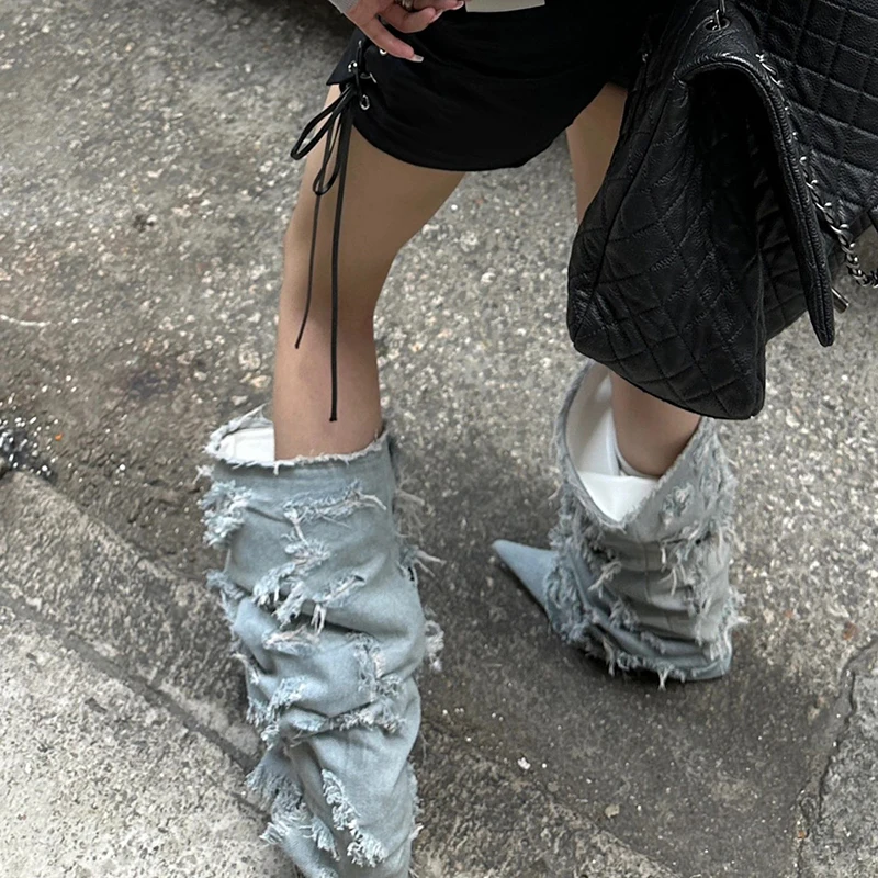 Loose Knee High Boots with Pointed Toe Raw Edge of Cloth Broken Trim Slip-On Vintage Punk Cool Girl Fashion Patchwork Shoes