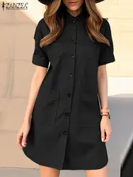 Summer Stylish Overalls Dress ZANZEA Women Short Sleeve Lapel Neck Shirt Vestidos Elegant Solid OL Work Sundress Buttons Up Robe