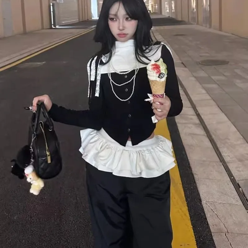 Deeptown Y2k Black Vintage Women Skirt Pants Kawaii Patchwork Harajuku Korean Style Sweatpants Wide Leg Baggy Trousers Youthful