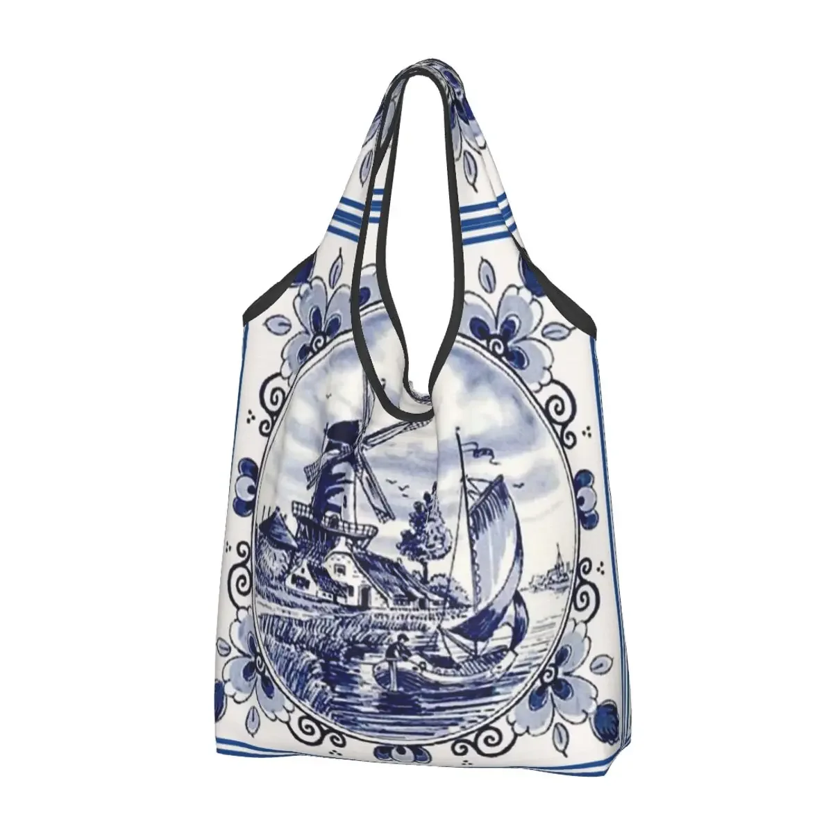 Dutch Blue Delft Vintage Windmill Print Portable Tote Shopping Bags Reusable Shopper Bag Grocery Handbag Shoulder Bag