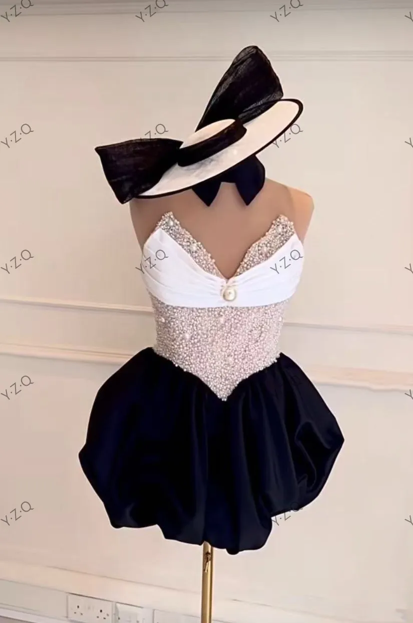 Pretty White Black Women Dresses Pearls Beading Prom Gowns Draped Off Shoulder Short Sleeveless A Line Party Dress