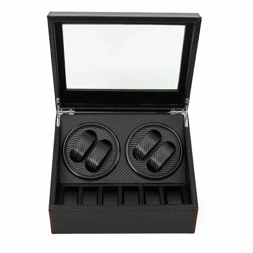 صندوق لف الساعة مع محرك ثنائي الاتجاه صامت وجلد بولي يوريثان من ألياف الكربون، 4 حجرات دوارة +6 حجرات تخزين للرجال/النساء