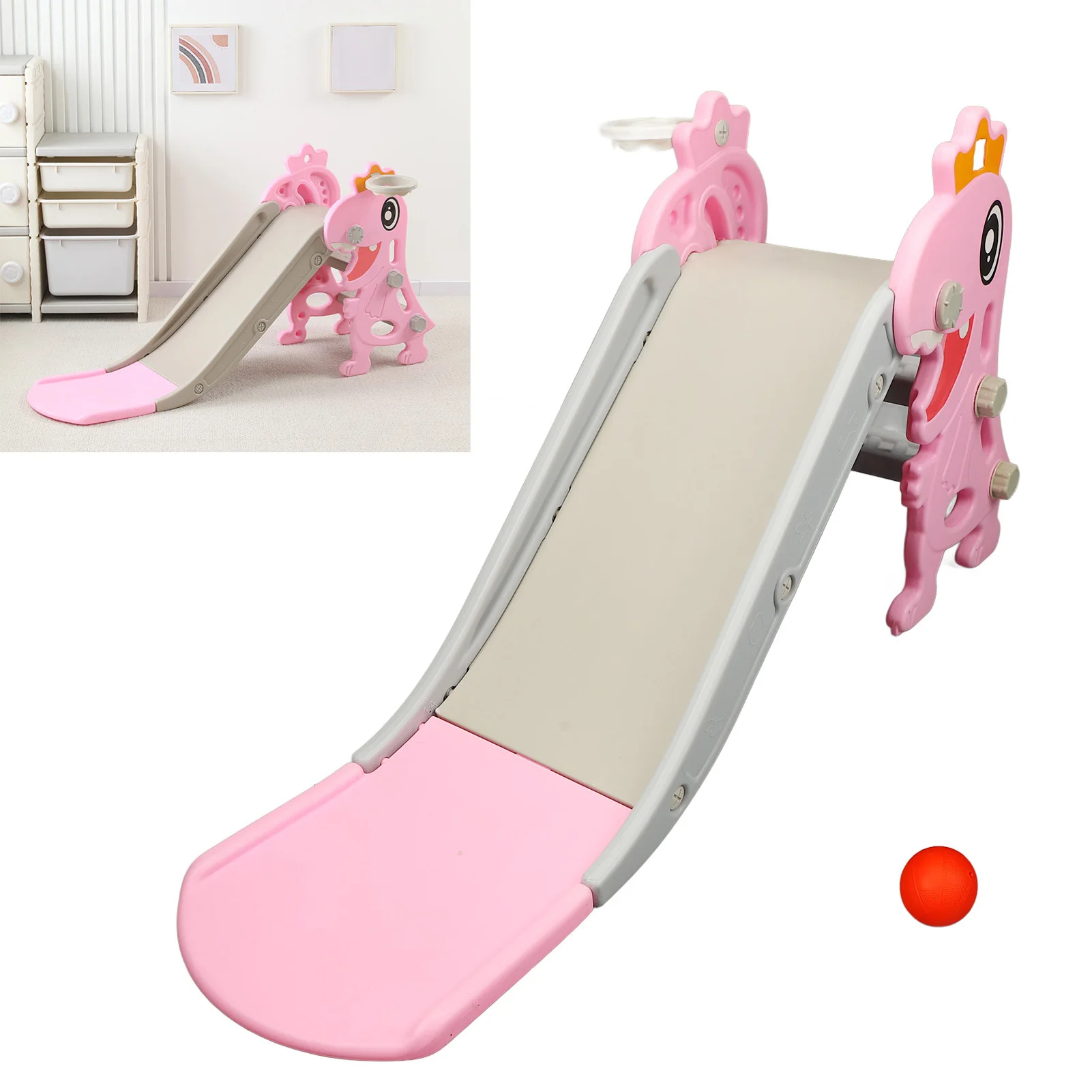 Tobogán interior para niños pequeños de 1 a 8 años, escaleras antideslizantes con forma de dinosaurio, tobogán para niños con escalador de aro de baloncesto