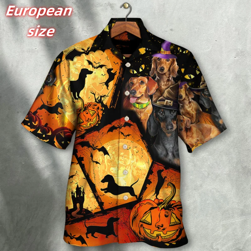 

Dog Bat Spider Pattern Hawaiian Shirt For Men Skull Halloween 3D Printed Blouse Summer Short Sleeve Lapel Tops Aloha Shirts