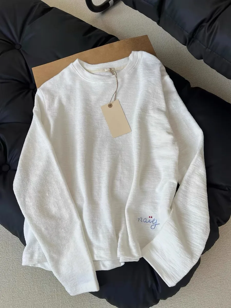 

Ультра удобная белая футболка с вышивкой, женская весна-лето, корейская футболка Sle Base irt Long Sve round Ne Commute Sle